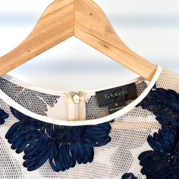 Gracia Floral Lace Mesh Peplum Top, Small, Navy & Cream - Picture 9 of 11
